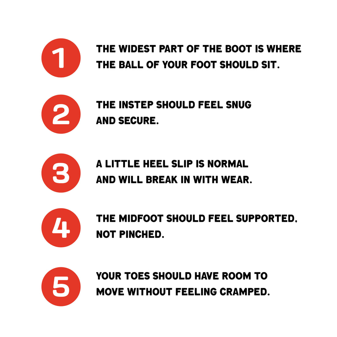 Boot fit checklist: ball of foot aligned with widest part, snug instep, slight heel slip, supported midfoot, and comfortable toes.